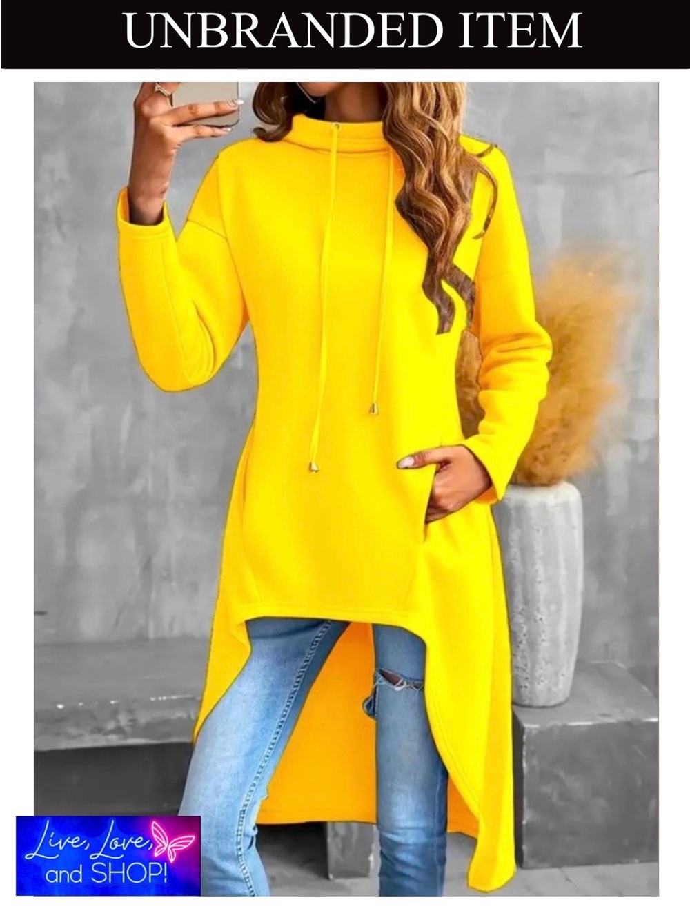 HOODIE: Yellow High-Low Long Sleeve Hoodie Sweatshirt w/Drawstring, EUC